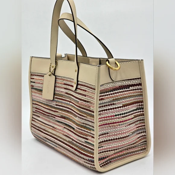 Coach Field Tote In Upwoven Leather, Chalk Multi - Picture 2 of 16
